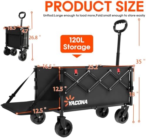 Wagons Carts Foldable,120L Collapsible Wagon Cart with Wheels, Black in Black, alternate view 2