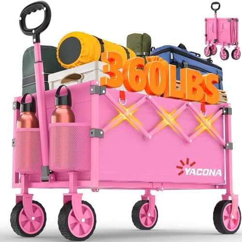 Wagons Carts Foldable, Utility Beach Grocery Wagon with Wheels, Pink in Pink