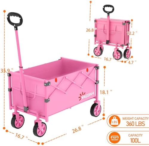 Wagons Carts Foldable, Utility Beach Grocery Wagon with Wheels, Pink in Pink, alternate view 2