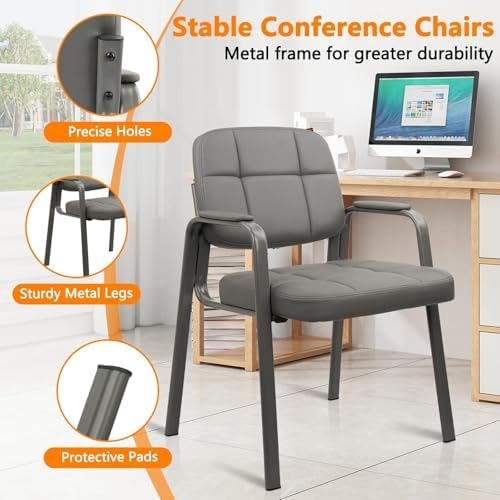 Waiting Room Guest Chair with Bonded Leather Padded Arm Rest for Office Reception and Conference Desk(Grey 6, alternate view
