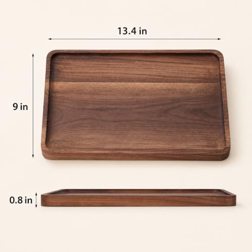 Walnut Wood Serving Tray, 13.4 x 9 Inch Rectangular Platter with Raised Rim in 13.4 x 9 Inch in Rectangle, alternate view 3