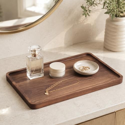 Walnut Wood Serving Tray, 13.4 x 9 Inch Rectangular Platter with Raised Rim in 13.4 x 9 Inch in Rectangle, alternate view 4