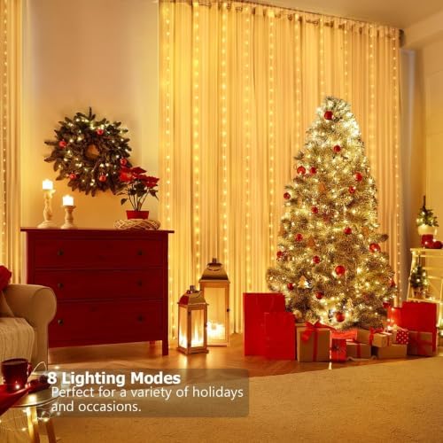 Warm White Curtain Lights, 6.5 x 6.5ft 200 LED USB Twinkle Fairy String Lights with Remote & Timer, IP65, alternate view 2