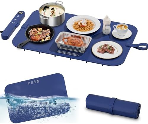 Warming Mat for Food, 6 Temp, 6H Timer, Foldable, 23"x15" Blue in Blue