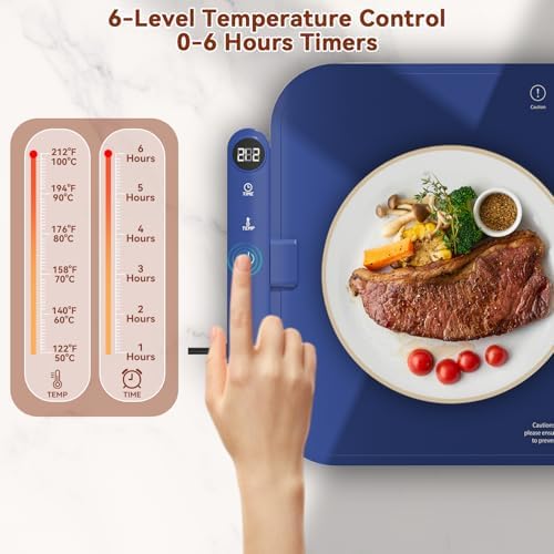 Warming Mat for Food, 6 Temp, 6H Timer, Foldable, 23"x15" Blue in Blue, alternate view 4