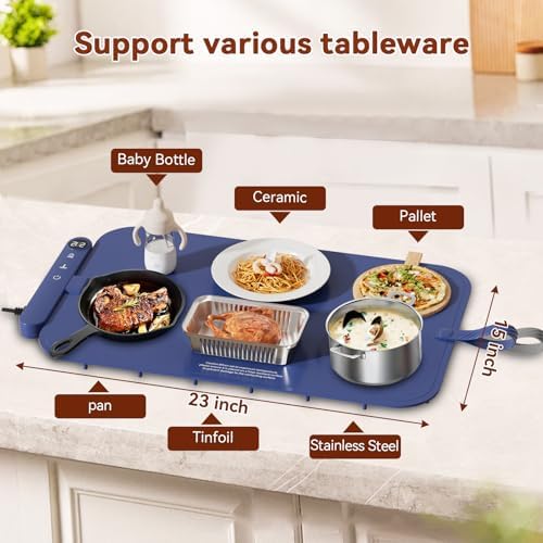 Warming Mat for Food, 6 Temp, 6H Timer, Foldable, 23"x15" Blue in Blue, alternate view 5