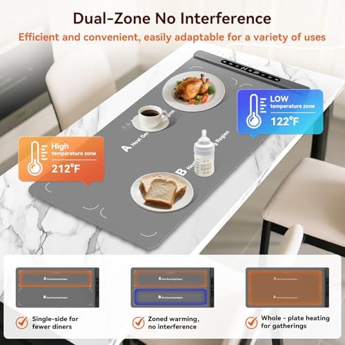Warming Mat for Food, 6 Temp, Dual-Zone Temp Control, 36"x17" (Gray) in Gray, alternate view 3