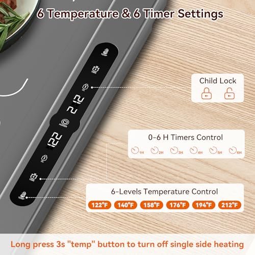 Warming Mat for Food, 6 Temp, Dual-Zone Temp Control, 36"x17" (Gray) in Gray, alternate view 4
