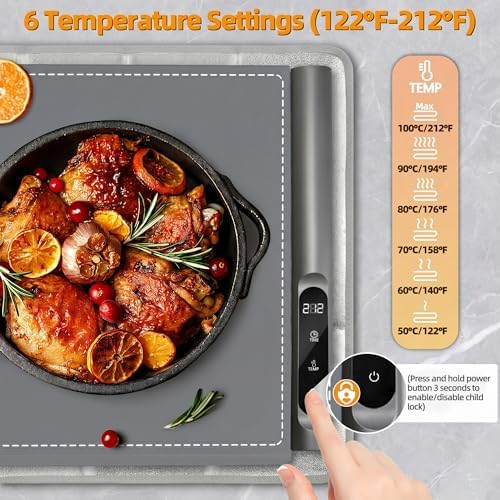 Warming Mat for Food, 6 Temp & Timer, Extra Large 36”x 16", Gray in Gray, alternate view 5