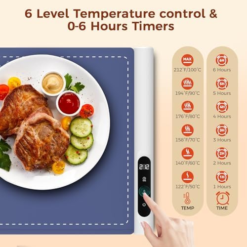 Warming Mat for Food, Electric Warming Tray, 6 Temp, 23"x15", Blue in Blue, alternate view 6