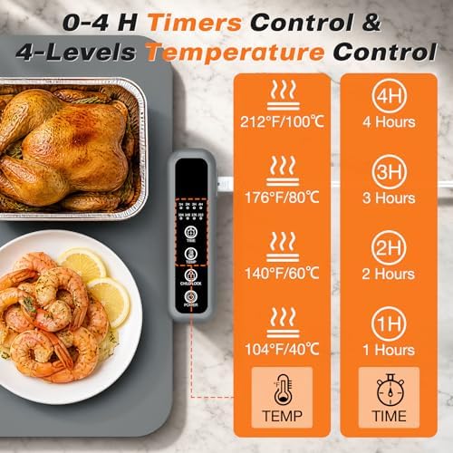 Warming Mat for Food - Electric Warming Tray with Heat-Insulation Pad, 4-Level Temperature Settings & Hours, alternate view 4