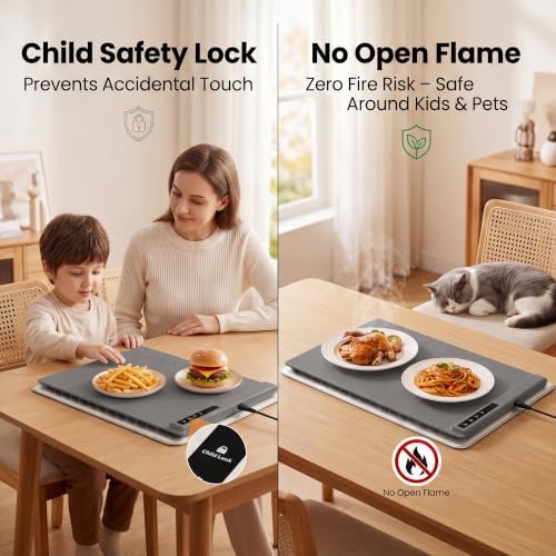 Warming Mat for Food with Heat Resistant Pad, 6 Temp & 4-Hour Timer, Gray in Gray, alternate view 7