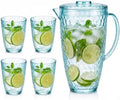 Water Pitcher with Lid, Plastic Pitcher Set with Cups, Water Jug for Drinks in Aqua Blue