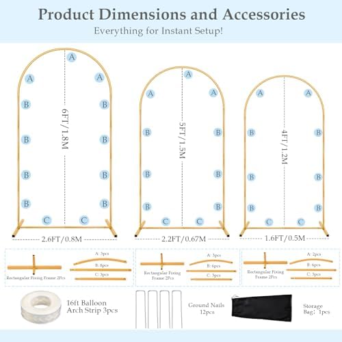 Wedding 6FT, 5FT, 4FT Arch Backdrop Stand Set of 3 for Baby Shower Birthday, alternate view 2
