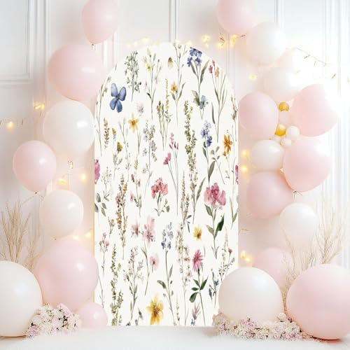 Wedding Arch Backdrop Cover 6.6FT Watercolor Floral Seamless Fabric Hand Greenery Wildflowers Herbs Spandex