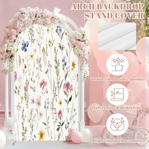 Wedding Arch Backdrop Cover 6.6FT Watercolor Floral Seamless Fabric Hand Greenery Wildflowers Herbs Spandex, alternate view 3