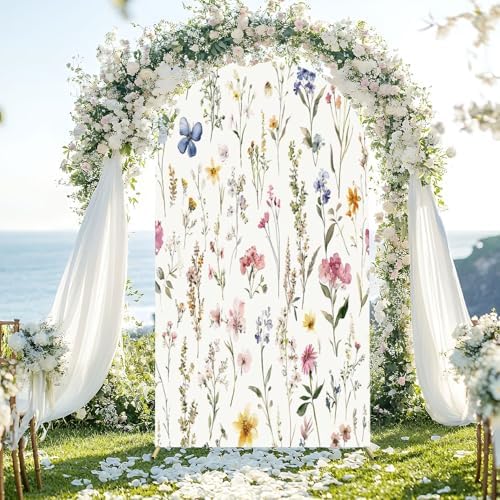 Wedding Arch Backdrop Cover 6.6FT Watercolor Floral Seamless Fabric Hand Greenery Wildflowers Herbs Spandex, alternate view 4