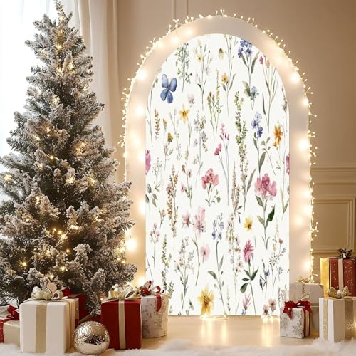 Wedding Arch Backdrop Cover 6.6FT Watercolor Floral Seamless Fabric Hand Greenery Wildflowers Herbs Spandex, alternate view 5