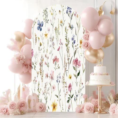 Wedding Arch Backdrop Cover 6.6FT Watercolor Floral Seamless Fabric Hand Greenery Wildflowers Herbs Spandex, alternate view 6