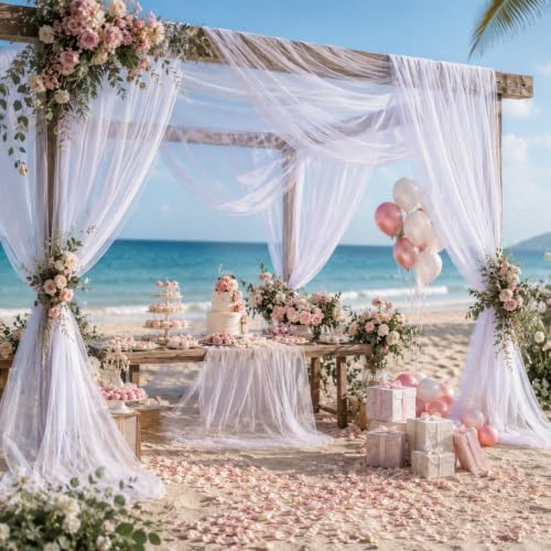 Wedding Arch Drape Sheer Tulle 1 Panel White Backdrop for Ceremony Birthday in 31.5"W x 236"L (1 Panel) in White, alternate