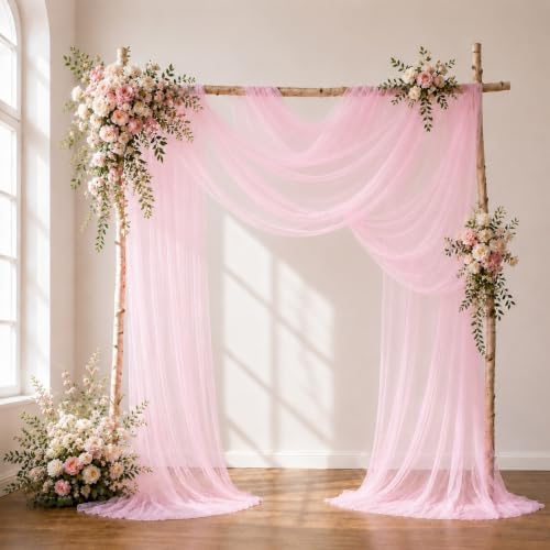 Wedding Arch Drape Sheer Tulle 2 Panel Pink Backdrop for Ceremony Birthday in 31.5"W x 236"L (2 Panel) in Pink