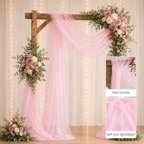 Wedding Arch Drape Sheer Tulle 2 Panel Pink Backdrop for Ceremony Birthday in 31.5"W x 236"L (2 Panel) in Pink, alternate