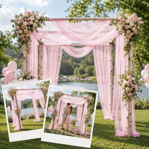 Wedding Arch Drape Sheer Tulle 2 Panel Pink Backdrop for Ceremony Birthday in 31.5"W x 236"L (2 Panel) in Pink, alternate
