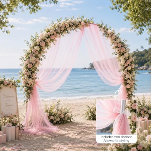 Wedding Arch Drape Sheer Tulle 2 Panel Pink Backdrop for Ceremony Birthday in 31.5"W x 236"L (2 Panel) in Pink, alternate
