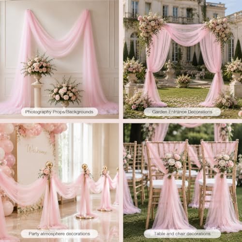 Wedding Arch Drape Sheer Tulle 2 Panel Pink Backdrop for Ceremony Birthday in 31.5"W x 236"L (2 Panel) in Pink, alternate