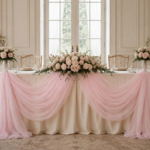 Wedding Arch Drape Sheer Tulle 2 Panel Pink Backdrop for Ceremony Birthday in 31.5"W x 236"L (2 Panel) in Pink, alternate
