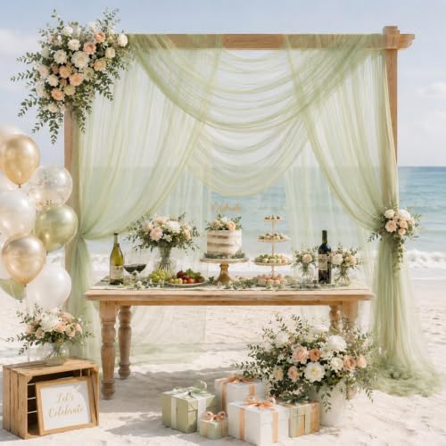 Wedding Arch Drape Sheer Tulle 2 Panel Sage Backdrop for Ceremony Birthday in 31.5"W x 236"L (2 Panel) in Sage, alternate