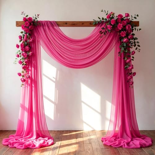 Wedding Arch Draping Fabric, 1 Panel 30" x 20Ft Hot Pink Sheer Curtain Drapes Extra Wide & Long Backdrop