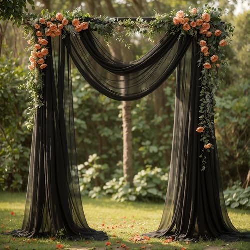 Wedding Arch Draping Fabric, 2 Panels 18FT Black Sheer Backdrop Curtain Chiffon Fabric Drapery Voile Scarf