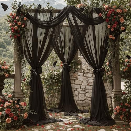 Wedding Arch Draping Fabric, 2 Panels 18FT Black Sheer Backdrop Curtain Chiffon Fabric Drapery Voile Scarf, alternate view 4