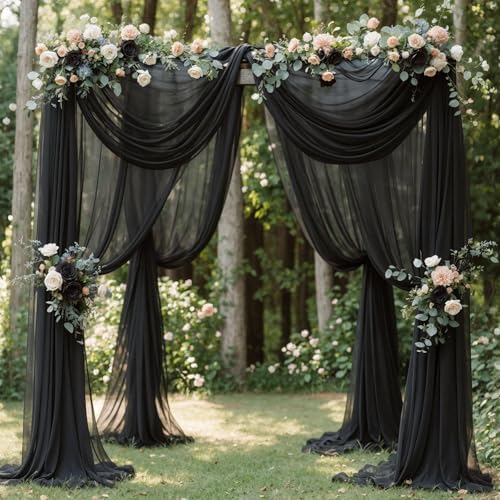 Wedding Arch Draping Fabric, 2 Panels 18FT Black Sheer Backdrop Curtain Chiffon Fabric Drapery Voile Scarf, alternate view 6