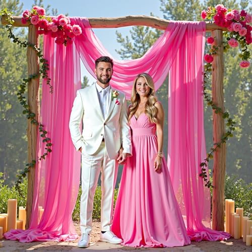 Wedding Arch Draping Fabric, 2 Panels 18FT Hot Pink Sheer Backdrop Curtain Chiffon Fabric Drapery Voile Scarf, alternate view