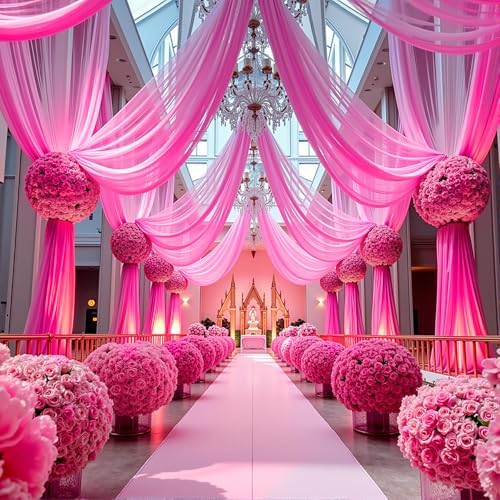 Wedding Arch Draping Fabric, 2 Panels 18FT Hot Pink Sheer Backdrop Curtain Chiffon Fabric Drapery Voile Scarf, alternate view