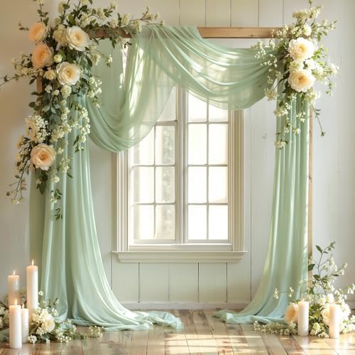 Wedding Arch Draping Fabric, 2 Panels 19FT Sage Green Arch Drapes Chiffon Fabric Drapery for Wedding Arch