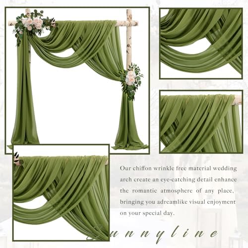Wedding Arch Draping Fabric 2 Panels 20Ft Length x 28" Width Olive Green Arch Drapes Chiffon Fabric Sheer, alternate view 3