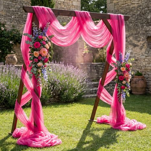 Wedding Arch Draping Fabric, 2 Panels 30" x 20Ft Hot Pink Sheer Curtain Drapes Extra Wide & Long Backdrop, alternate view 2