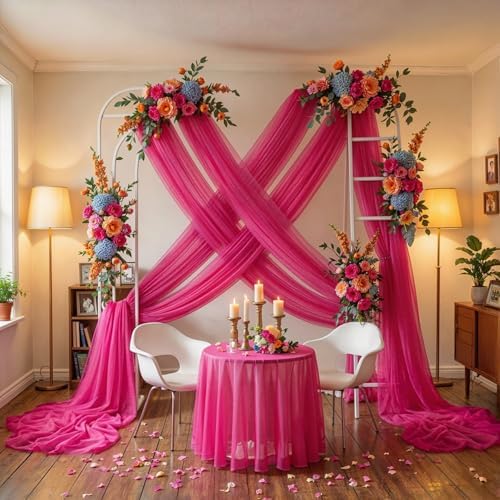 Wedding Arch Draping Fabric, 2 Panels 30" x 20Ft Hot Pink Sheer Curtain Drapes Extra Wide & Long Backdrop, alternate view 3