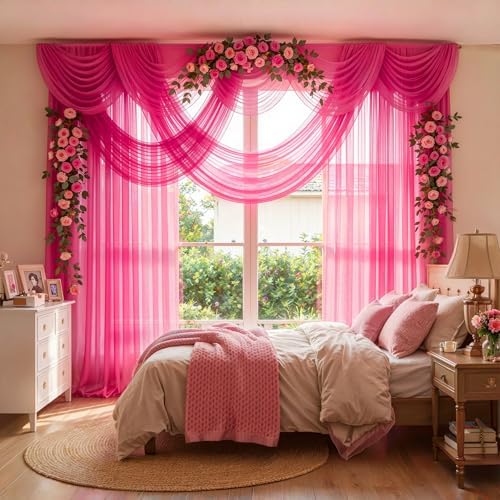Wedding Arch Draping Fabric, 2 Panels 30" x 20Ft Hot Pink Sheer Curtain Drapes Extra Wide & Long Backdrop, alternate view 6