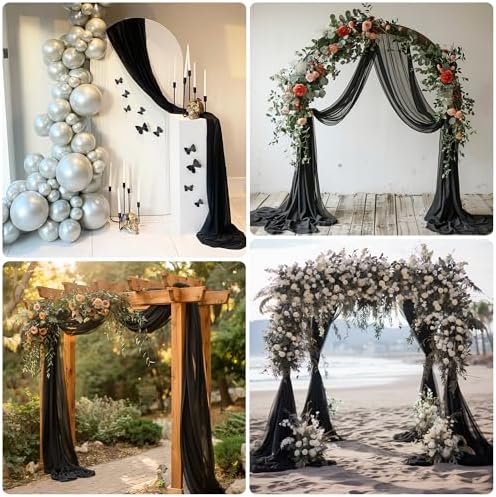 Wedding Arch Draping Fabric 2 Panels Black Sheer Backdrop Drapes in Black, alternate view 6