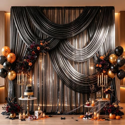 Wedding Arch Draping Fabric 28" x19FT Black Shimmery Sheer Fabric Drapes 4 Panels Arch Backdrop Curtains for