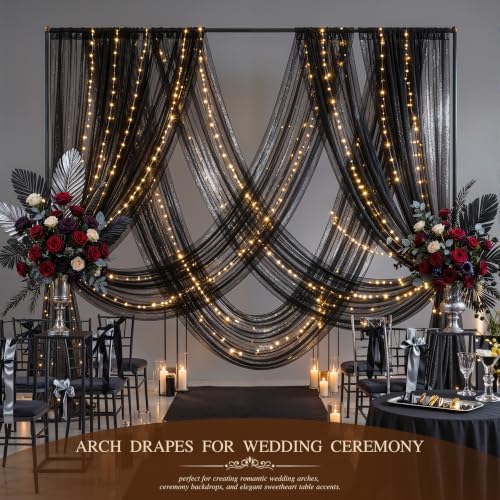 Wedding Arch Draping Fabric 28" x19FT Black Shimmery Sheer Fabric Drapes 4 Panels Arch Backdrop Curtains for, alternate view