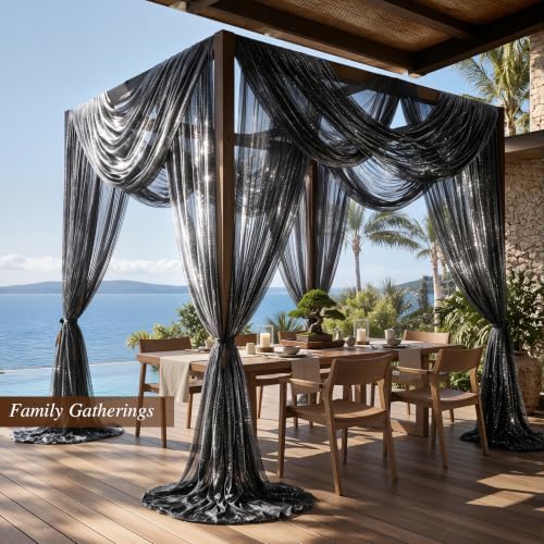 Wedding Arch Draping Fabric 28" x19FT Black Shimmery Sheer Fabric Drapes 4 Panels Arch Backdrop Curtains for, alternate view