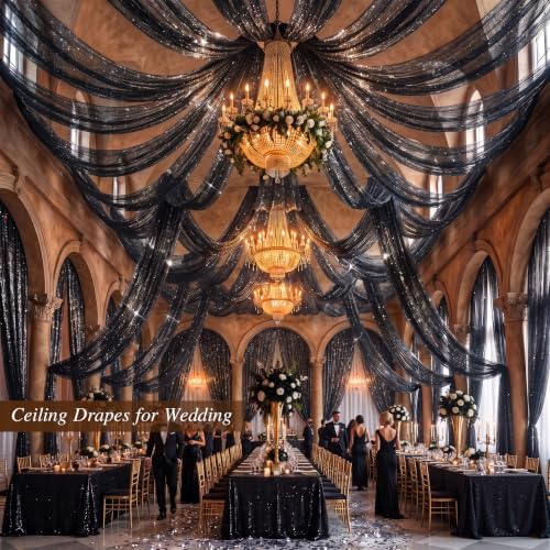 Wedding Arch Draping Fabric 28" x19FT Black Shimmery Sheer Fabric Drapes 4 Panels Arch Backdrop Curtains for, alternate view