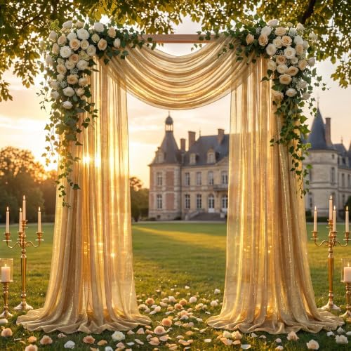 Wedding Arch Draping Fabric 28" x19FT Gold Shimmery Sheer Fabric Drapes 1 Panel Arch Backdrop Curtains for