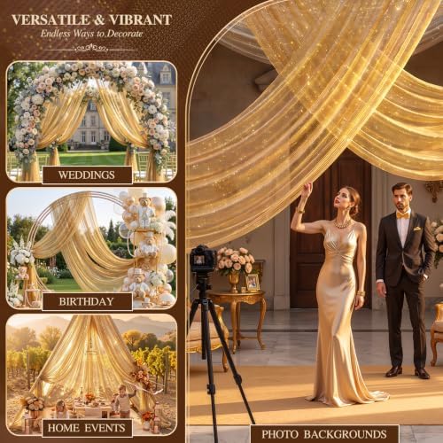 Wedding Arch Draping Fabric 28" x19FT Gold Shimmery Sheer Fabric Drapes 1 Panel Arch Backdrop Curtains for, alternate view 4