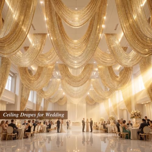 Wedding Arch Draping Fabric 28" x19FT Gold Shimmery Sheer Fabric Drapes 1 Panel Arch Backdrop Curtains for, alternate view 7